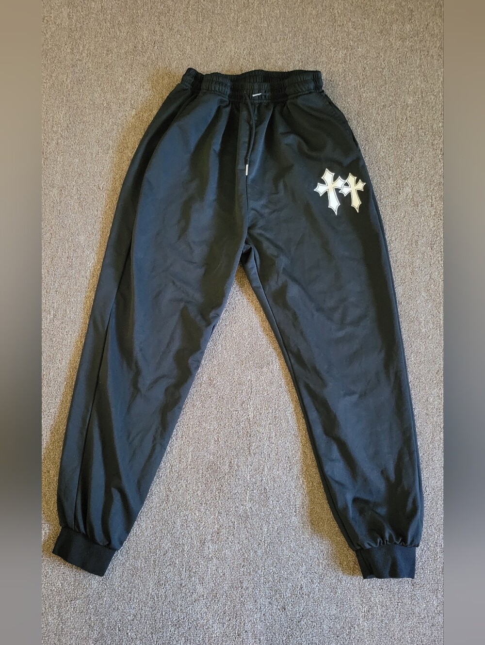 NWOT Men's Size M Black Drawstring Waist Jogger Gym Lounge Pants w Cross Accents